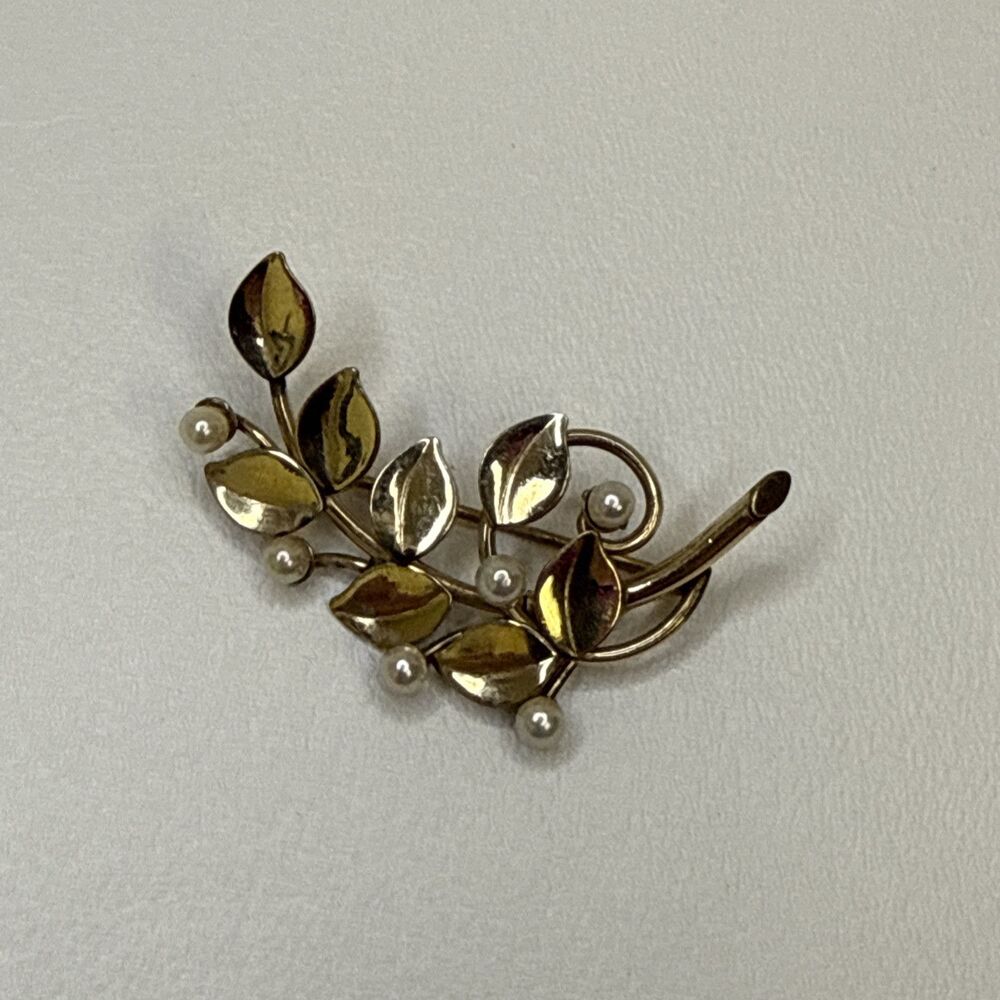 Carl Art 12K Gold Filled Faux Pearls & Leaf Branch Brooch Pin Vintage - Picture 8 of 8